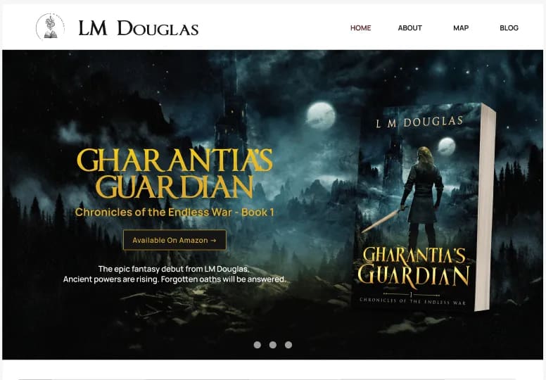 LM Douglas fantasy author website featuring illustrated fantasy map background and interactive book cover carousel with Vue.js components