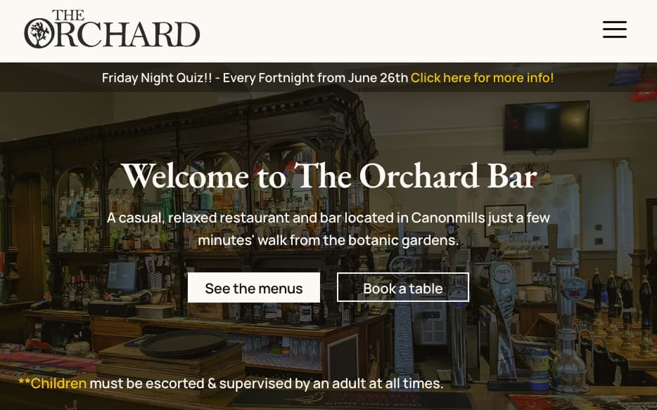 The Orchard Bar website homepage on desktop showing a full-width hero photo of the bar over a warm dark theme with the venue name and navigation