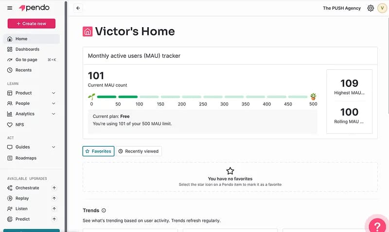 Pendo analytics dashboard for talent platform showing feature adoption metrics, guide performance charts, and user engagement heatmaps