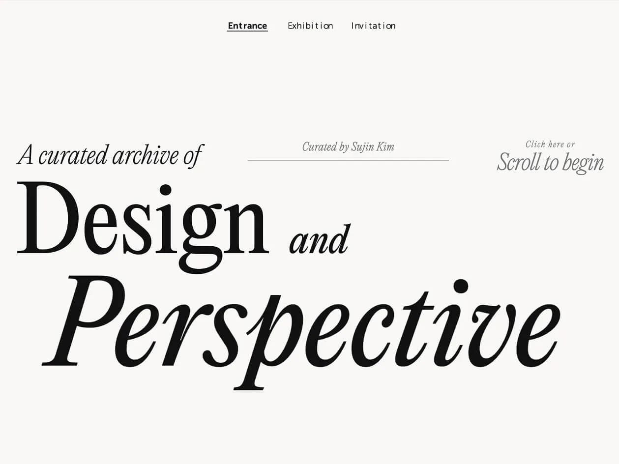 Sujin Kim graphic design portfolio homepage showing minimalist grid layout with custom cursor and GSAP animated text reveals